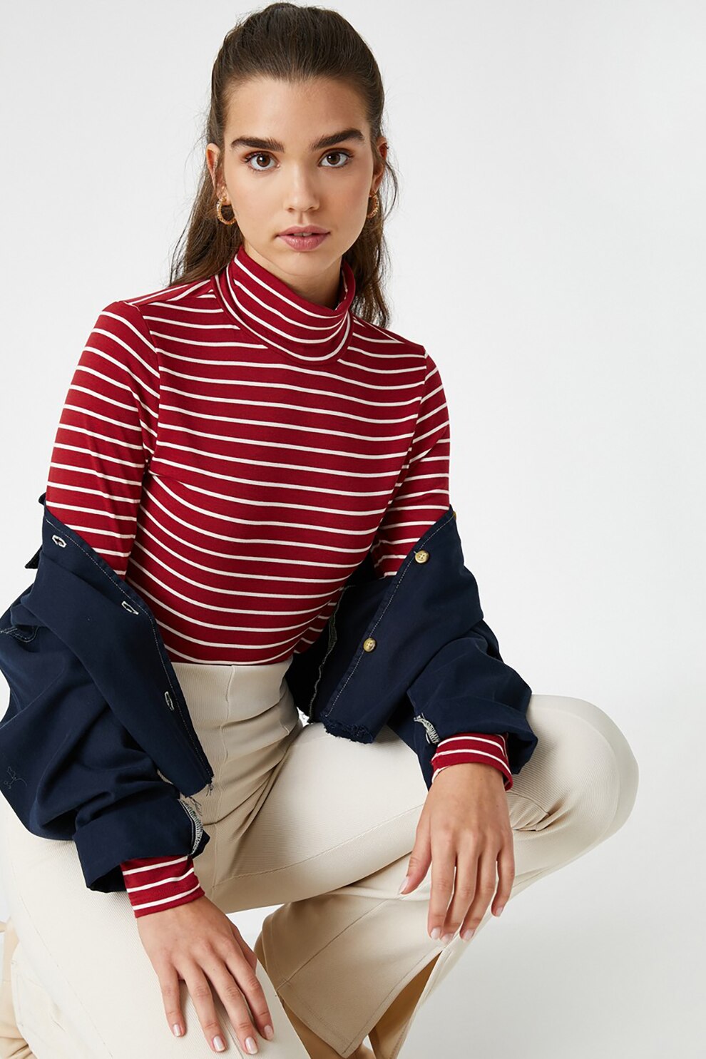 KOTON, Bluza cu dungi si guler inalt, Rosu inchis/Alb