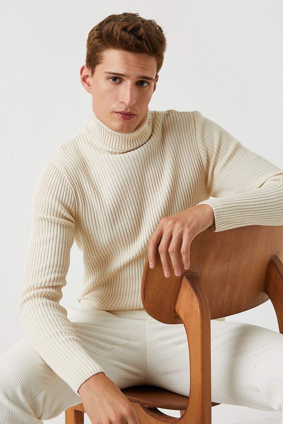 KOTON, Pulover cu striatii si guler inalt, Alb prafuit