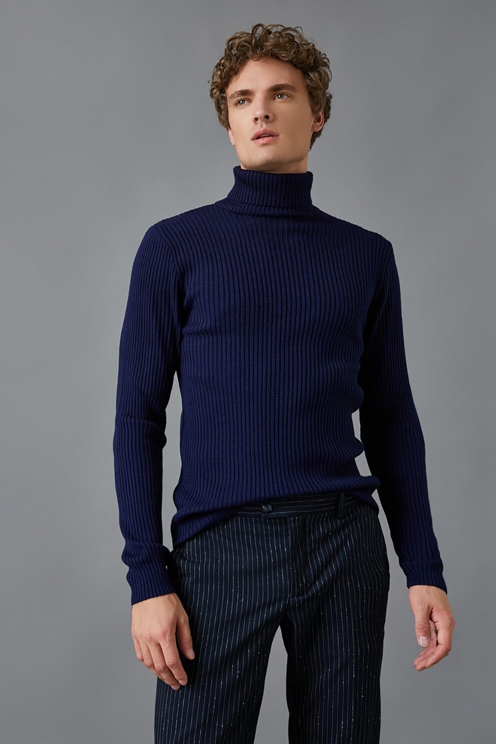 KOTON, Pulover cu striatii si guler inalt, Albastru inchis