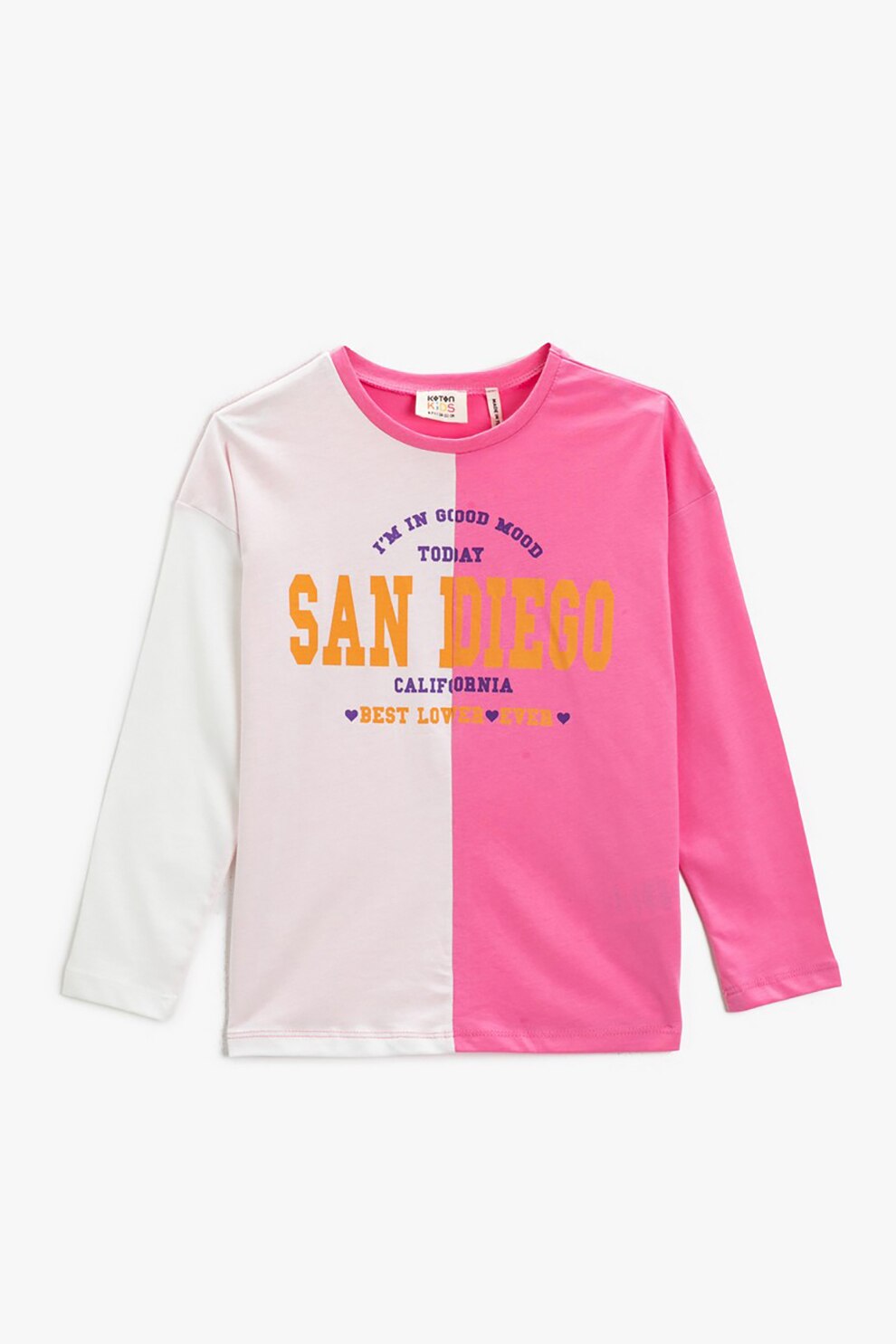 KOTON, Bluza cu imprimeu text si maneci cazute, Roz/Alb