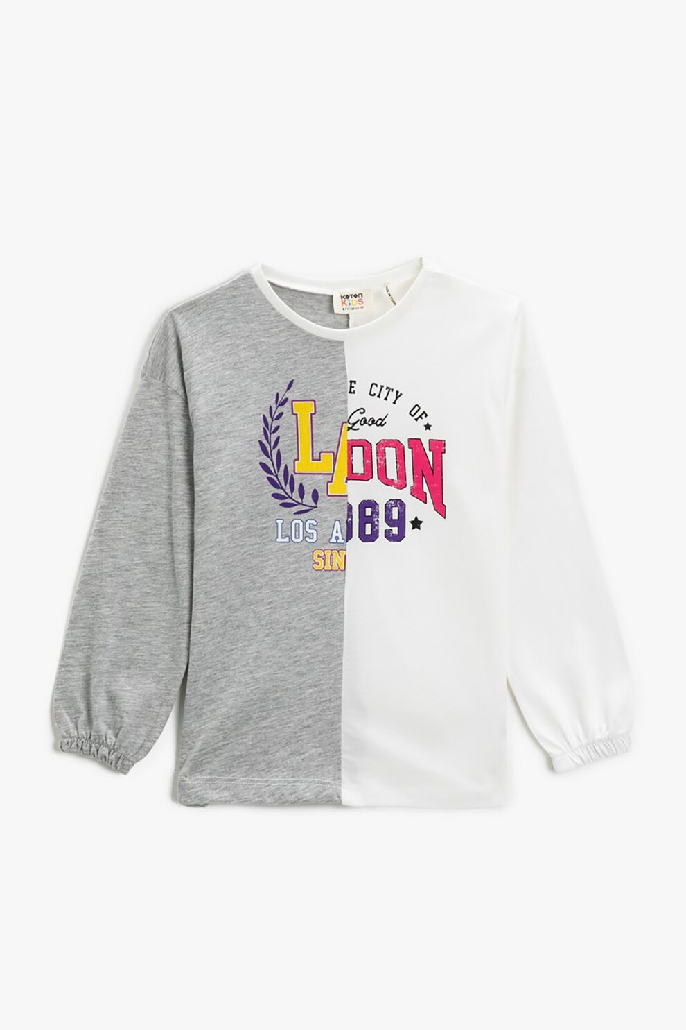 KOTON, Bluza cu imprimeu text si maneci cazute, Gri deschis melange/Alb