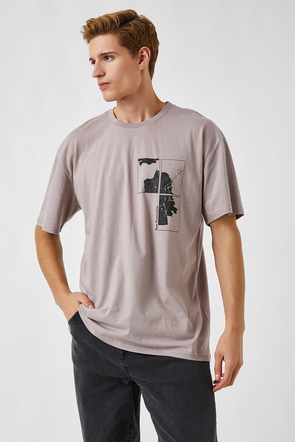 KOTON, Tricou din bumbac cu imprimeu grafic, Maro taupe deschis/negru stins