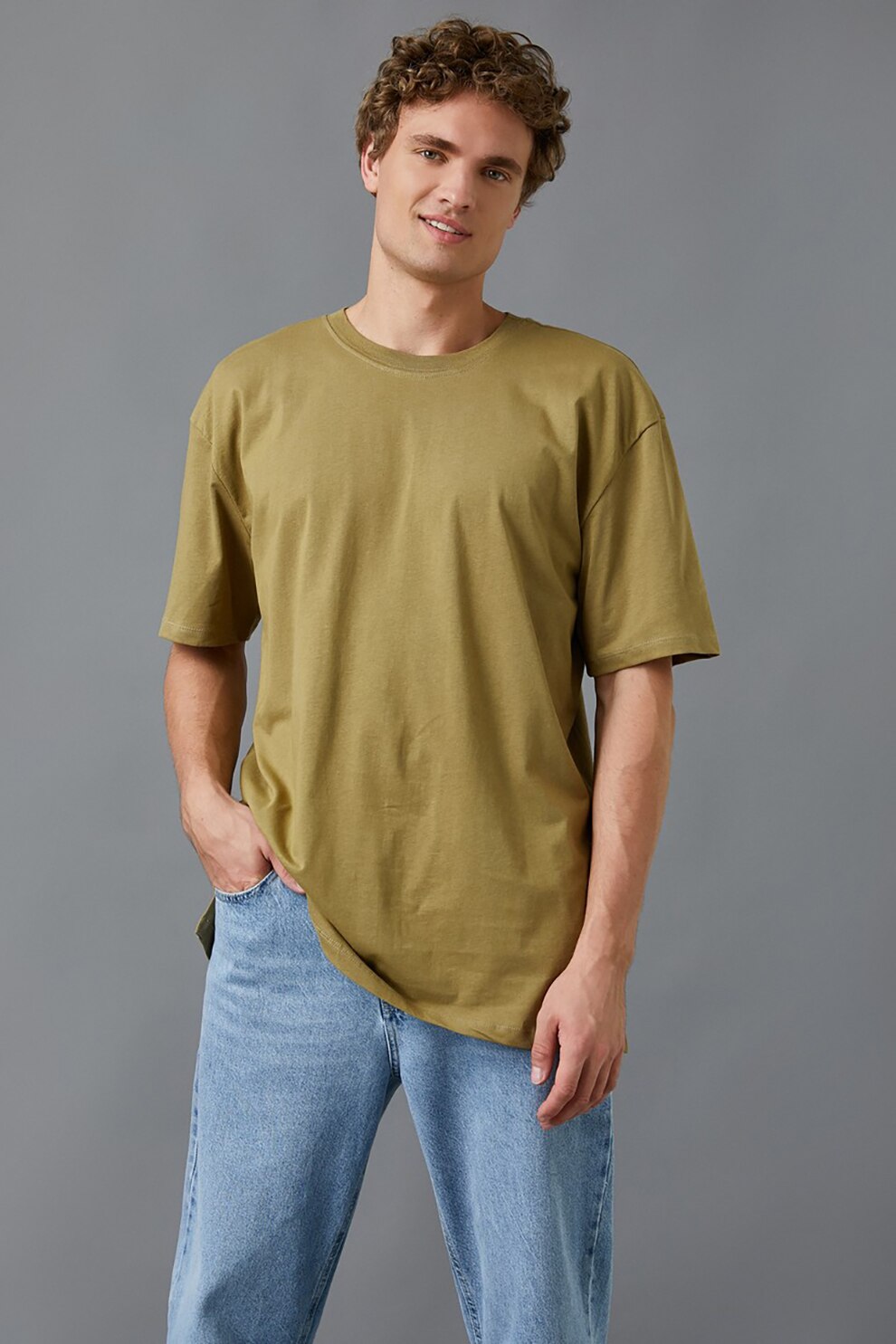 KOTON, Tricou de bumbac cu decolteu la baza gatului, Kaki