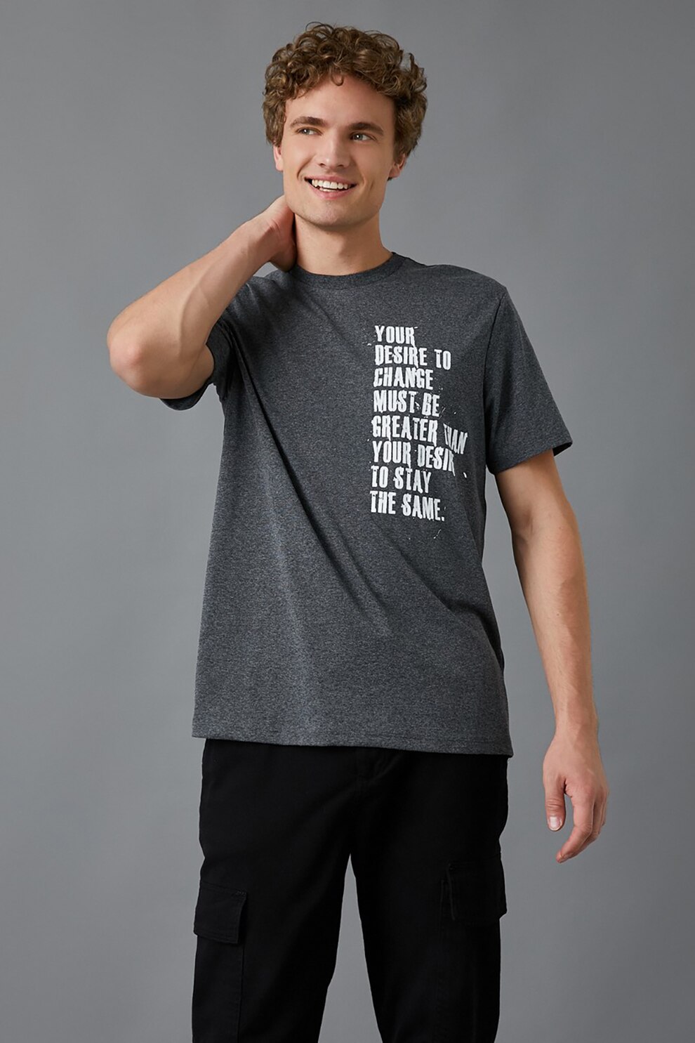 KOTON, Tricou cu decolteu la baza gatului si imprimeu text, Gri inchis melange/Alb
