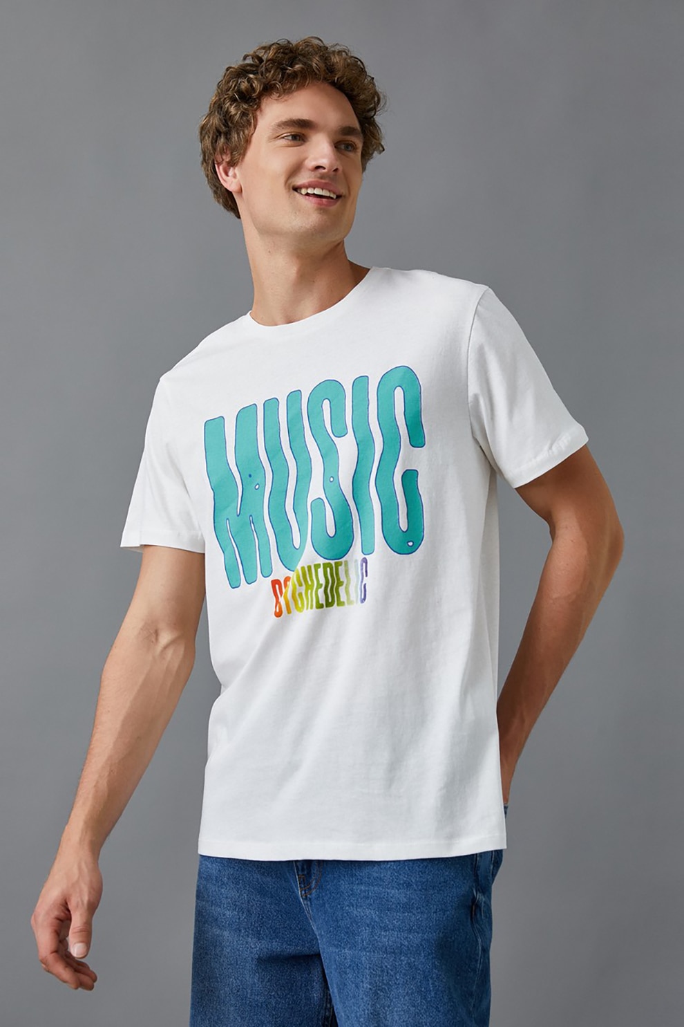 KOTON, Tricou din bumbac cu decolteu la baza gatului si imprimeu text, Alb/Turcoaz