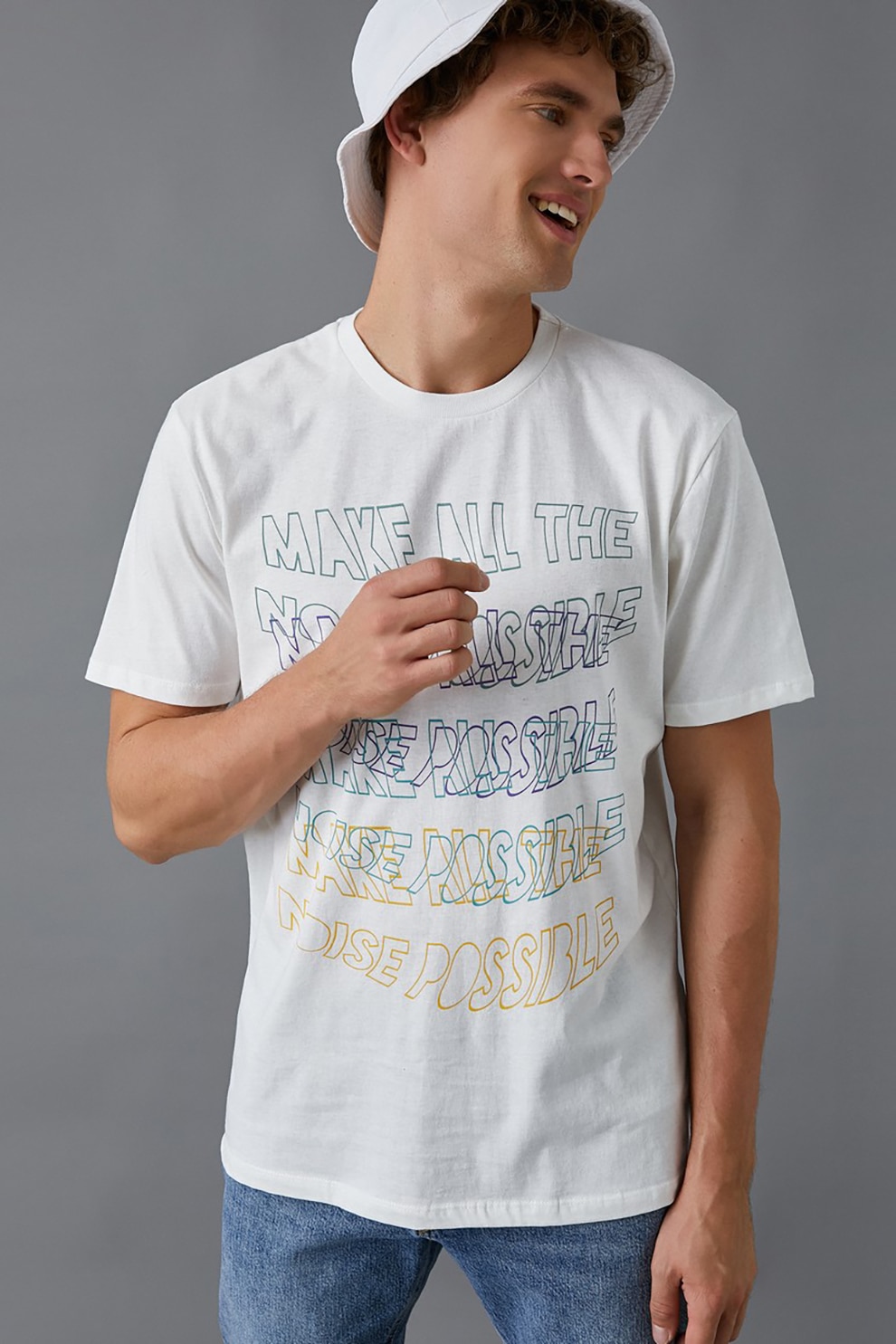 KOTON, Tricou din bumbac cu imprimeu text, Alb/Albastru/Galben