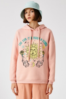 KOTON, Hanorac cu imprimeu si gluga ajustabila, Roz pastel/galben/albastru turcoaz KOTON, Hanorac cu imprimeu si gluga ajustabila, Roz pastel/galben/albastru turcoaz