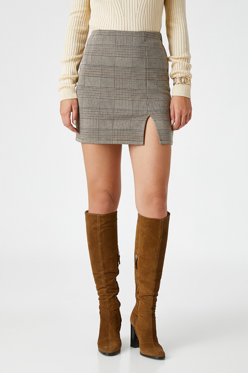 KOTON, Fusta mini slim fit cu model in carouri, Maro taupe deschis