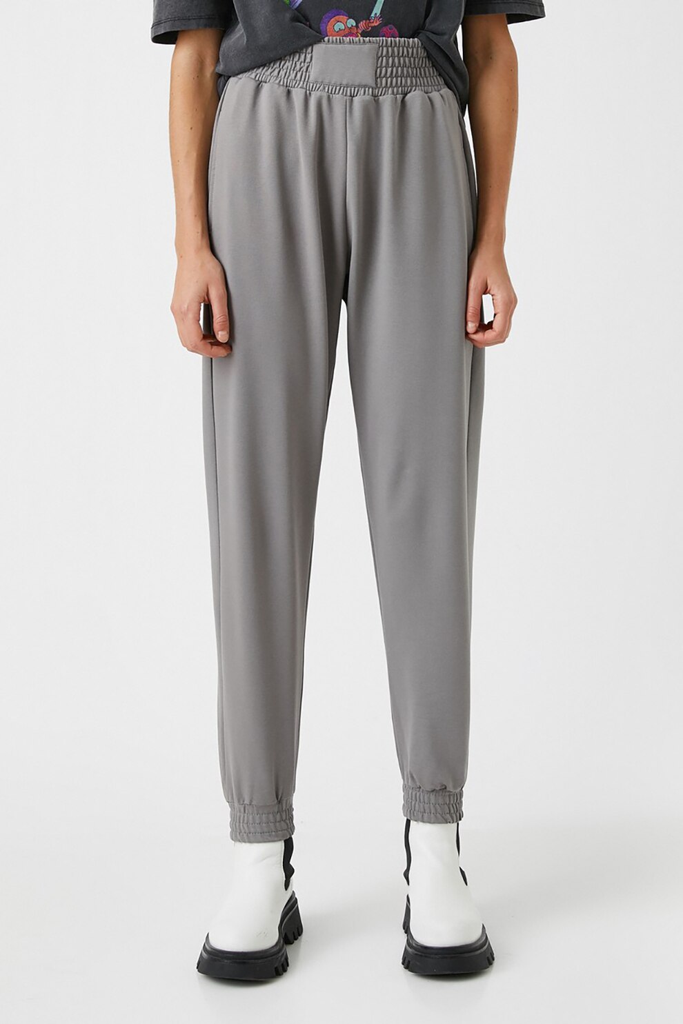 KOTON, Pantaloni sport cu talie inalta si terminatii elastice, Gri