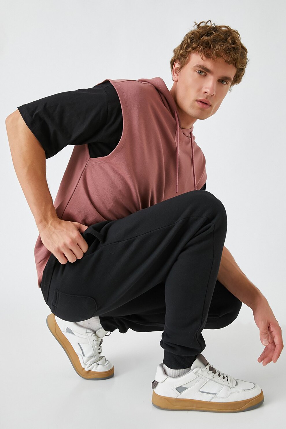 KOTON, Hanorac cu maneci scurte si buzunar kangaroo, Roz prafuit