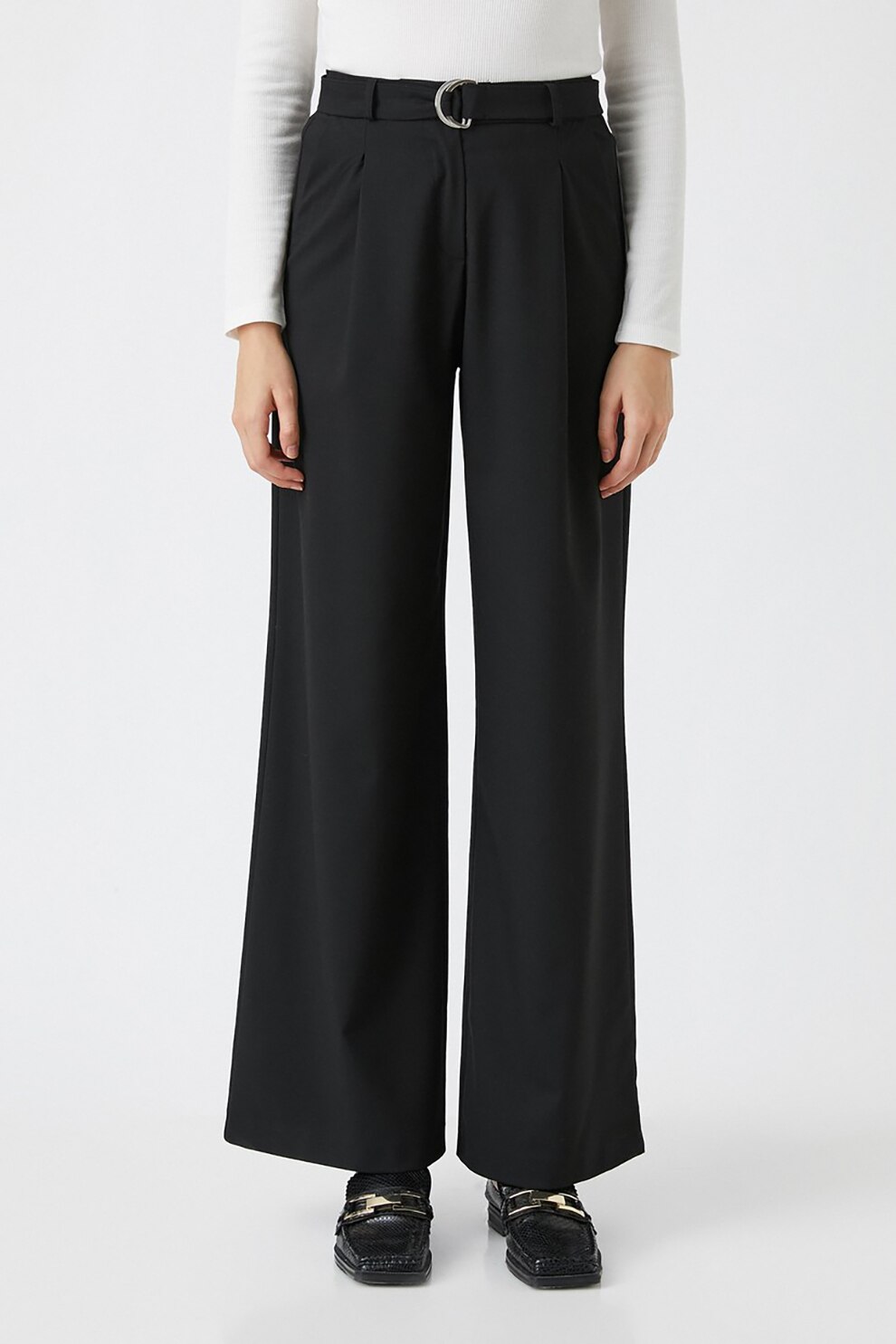 KOTON, Pantaloni cu talie inalta si curea, Negru