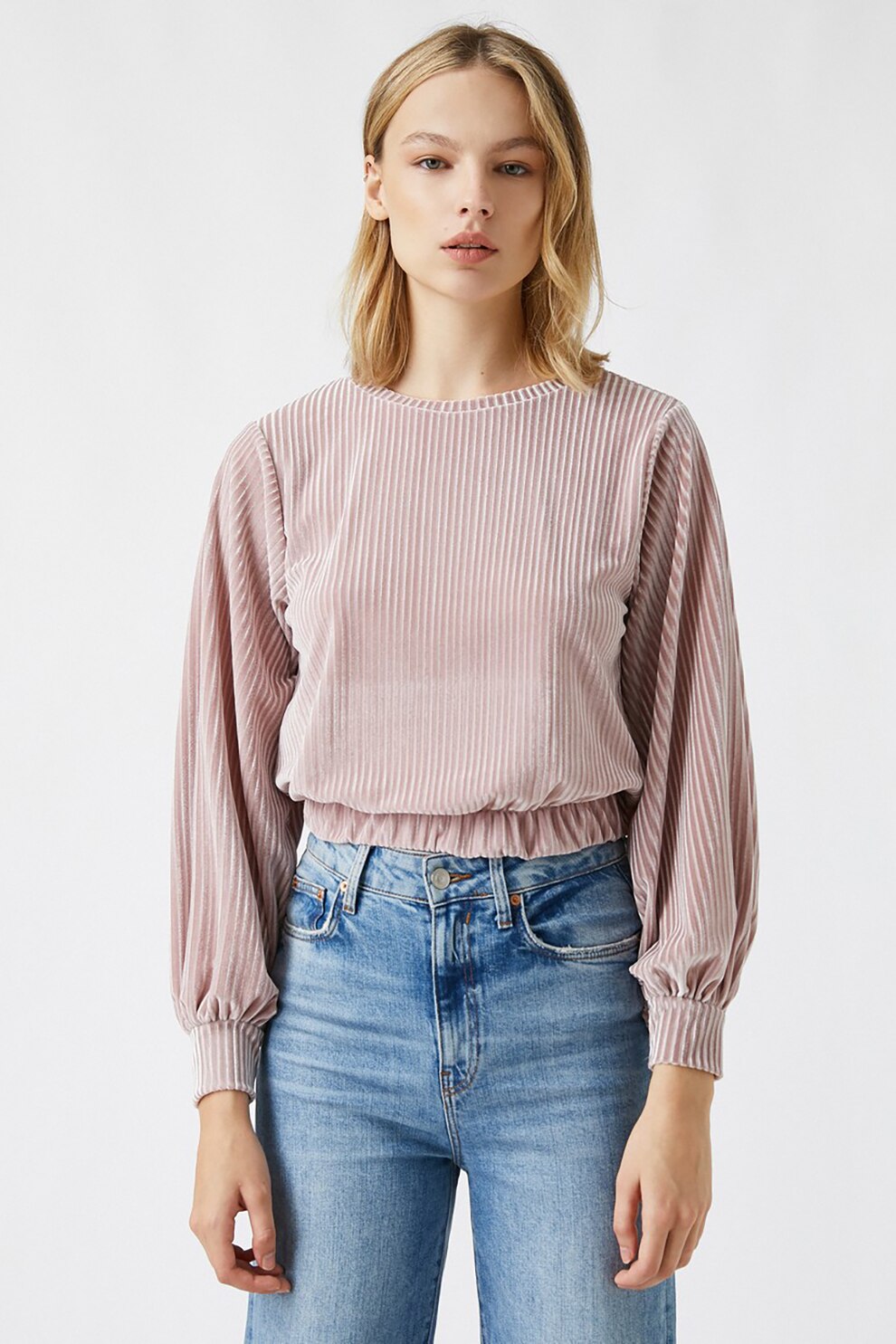 KOTON, Bluza crop cu aspect catifelat, Roz prafuit/Alb