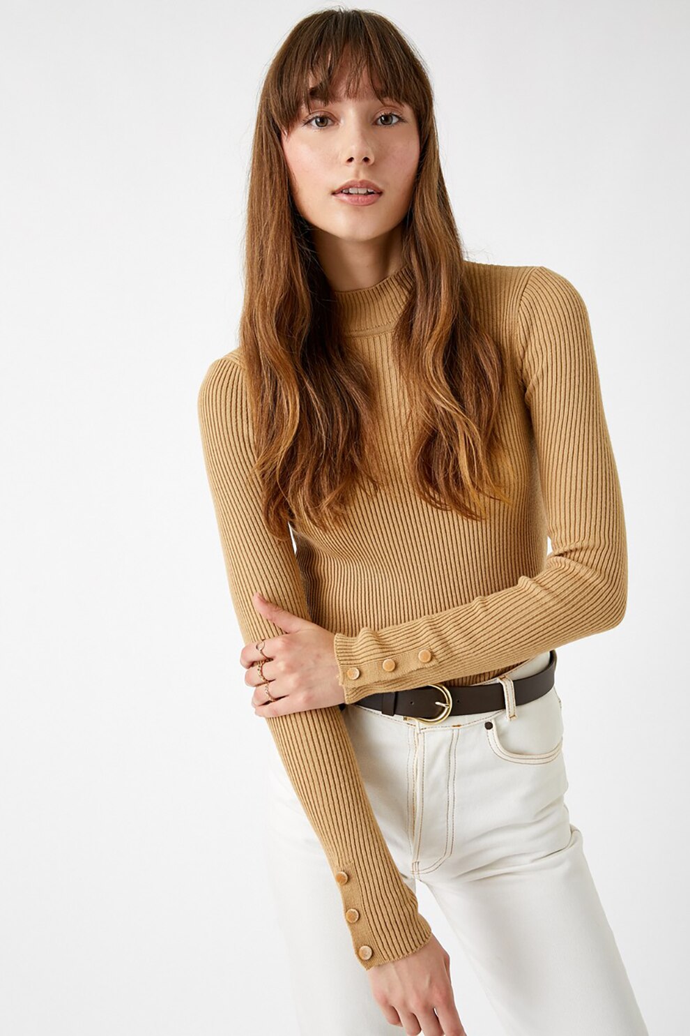 KOTON, Pulover striat cu guler inalt, Maro camel