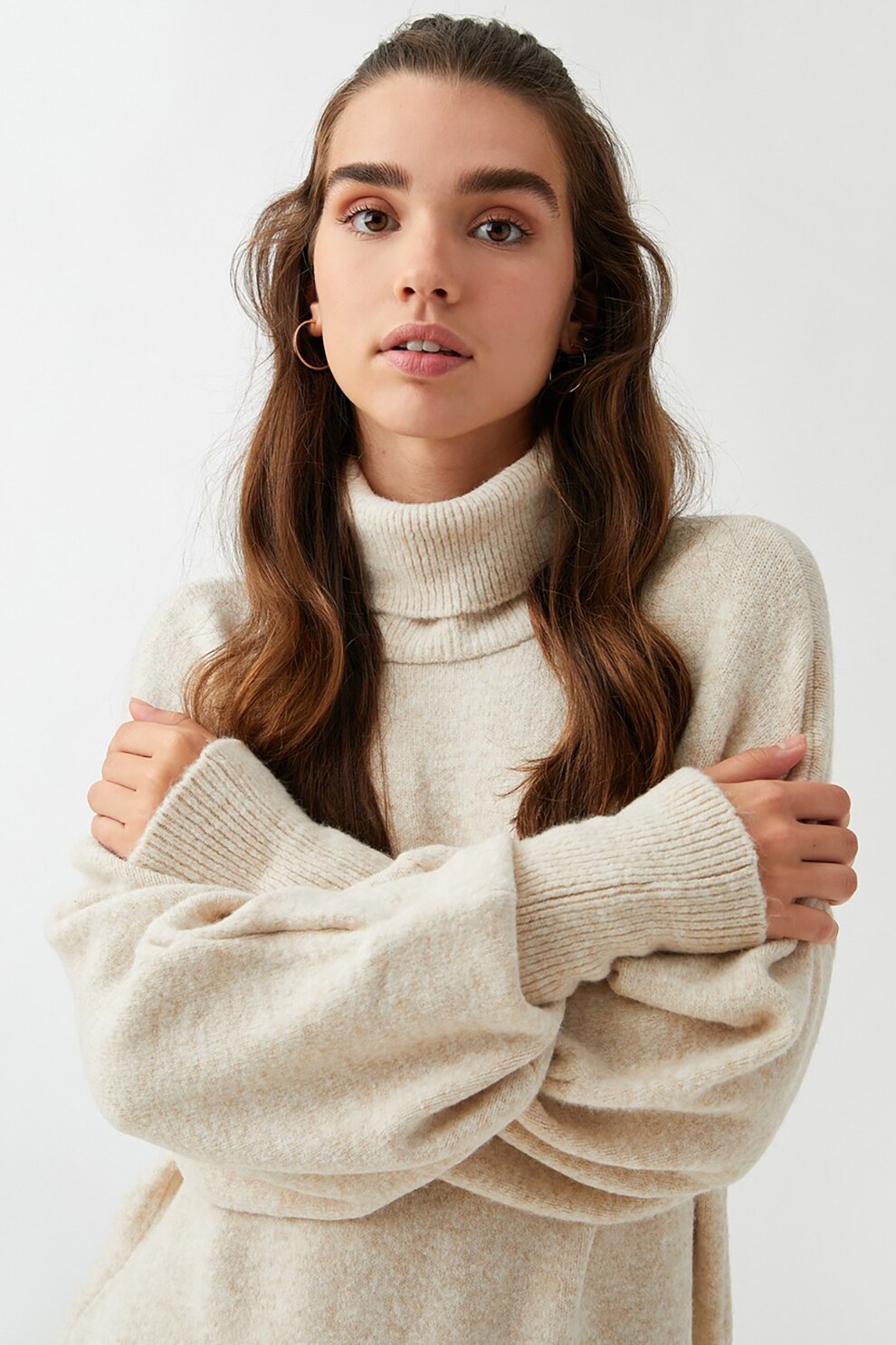 KOTON, Rochie lejera tip pulover cu guler inalt, Bej deschis, XL