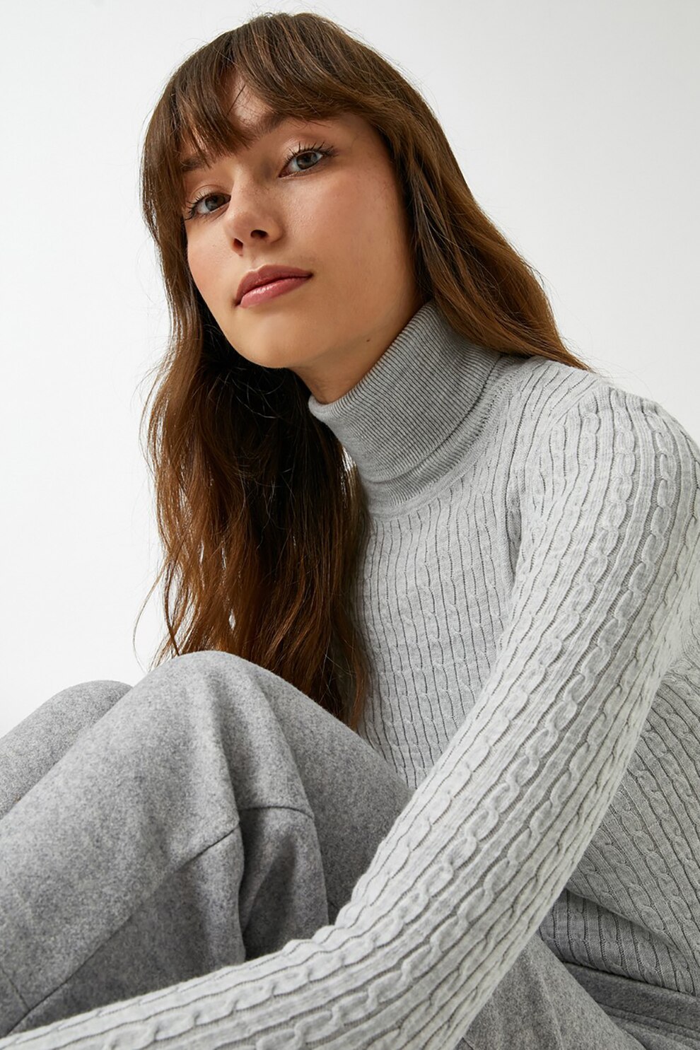 KOTON, Pulover cu guler inalt si model torsade, Gri deschis