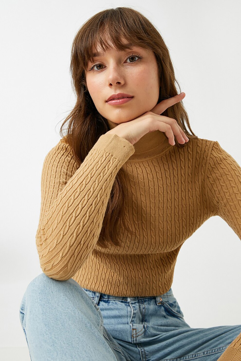 KOTON, Pulover cu guler inalt si model torsade, Maro camel