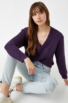 KOTON, Pulover lejer cu decolteu in V, Violet KOTON, Pulover lejer cu decolteu in V, Violet
