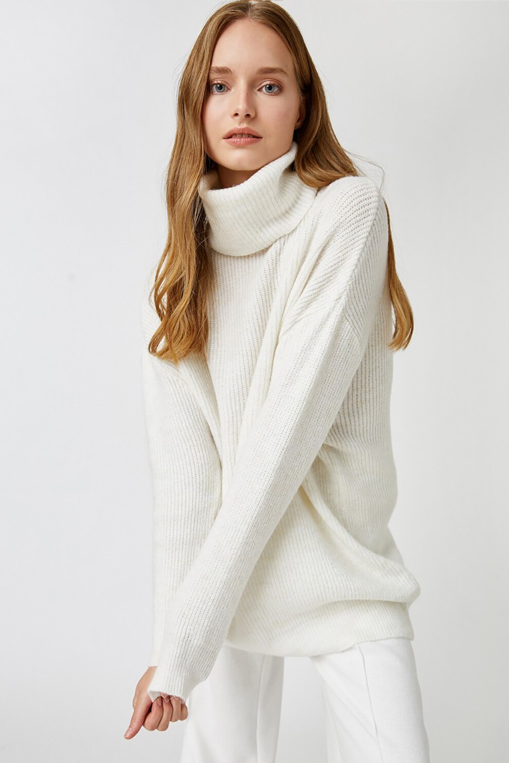 KOTON, Pulover lung cu guler inalt, Alb, M