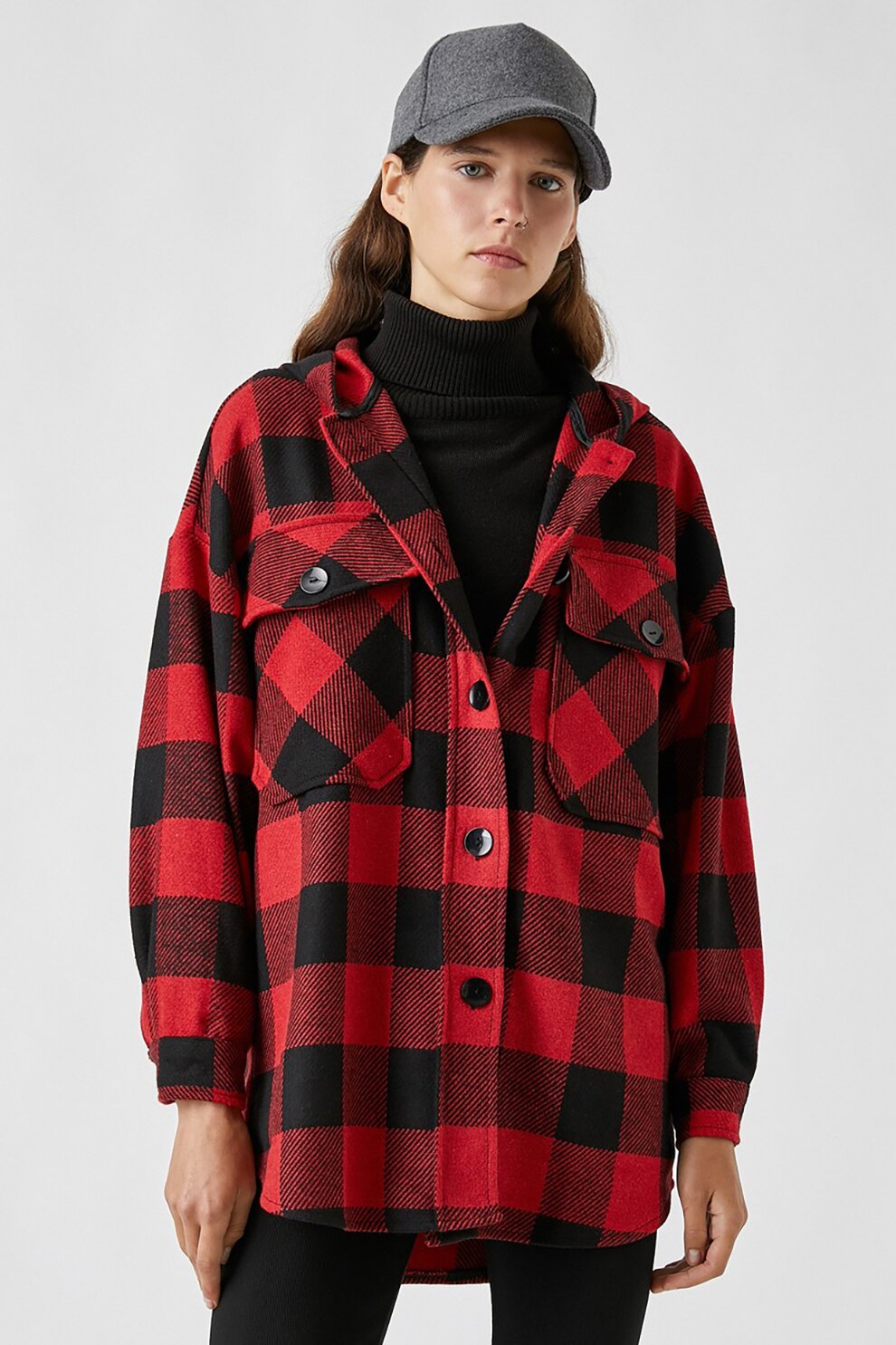 KOTON, Jacheta tip camasa cu model in carouri si gluga, Rosu/Negru