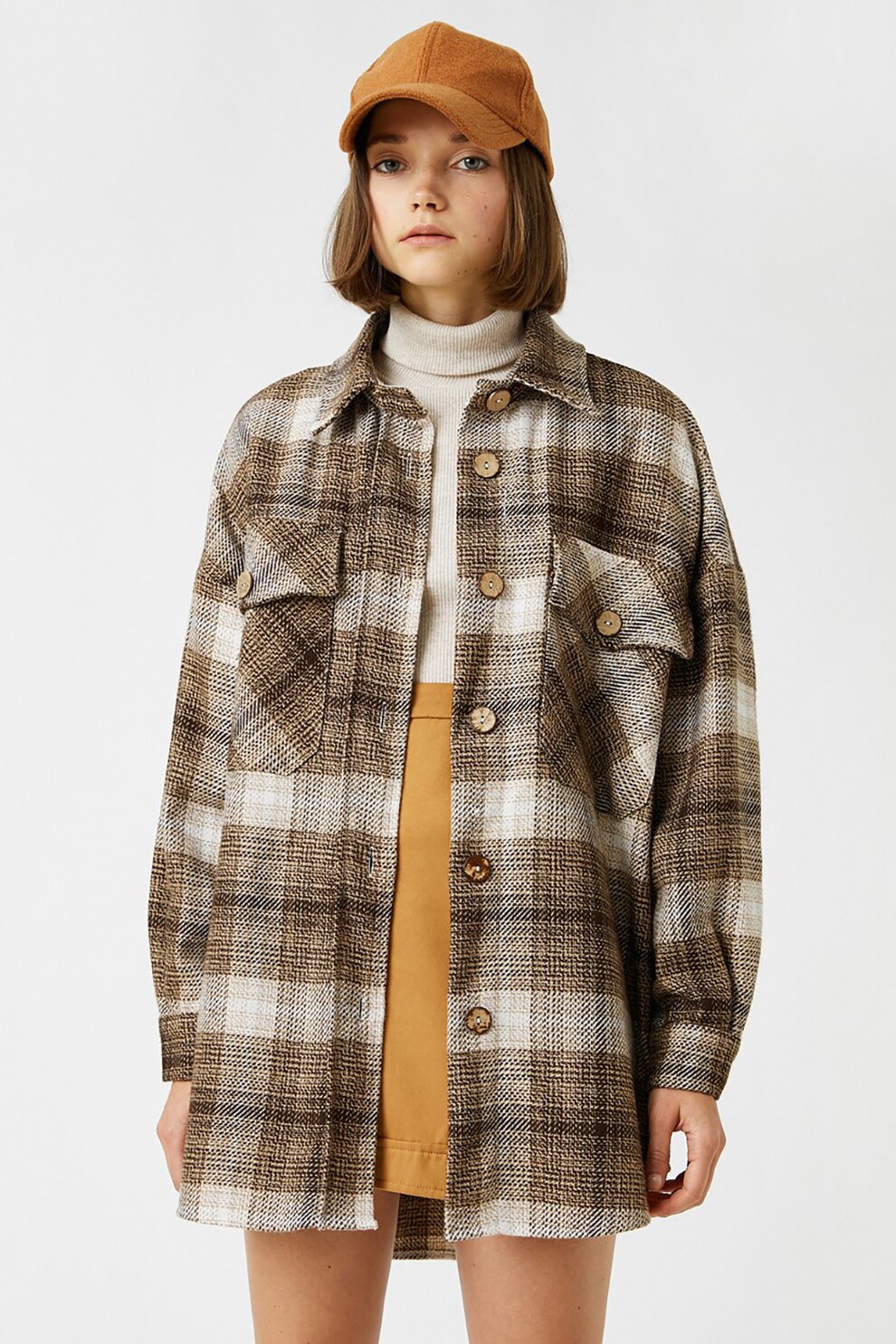 KOTON, Jacheta tip camasa cu model in carouri si buzunare pe piept, Maro/Alb