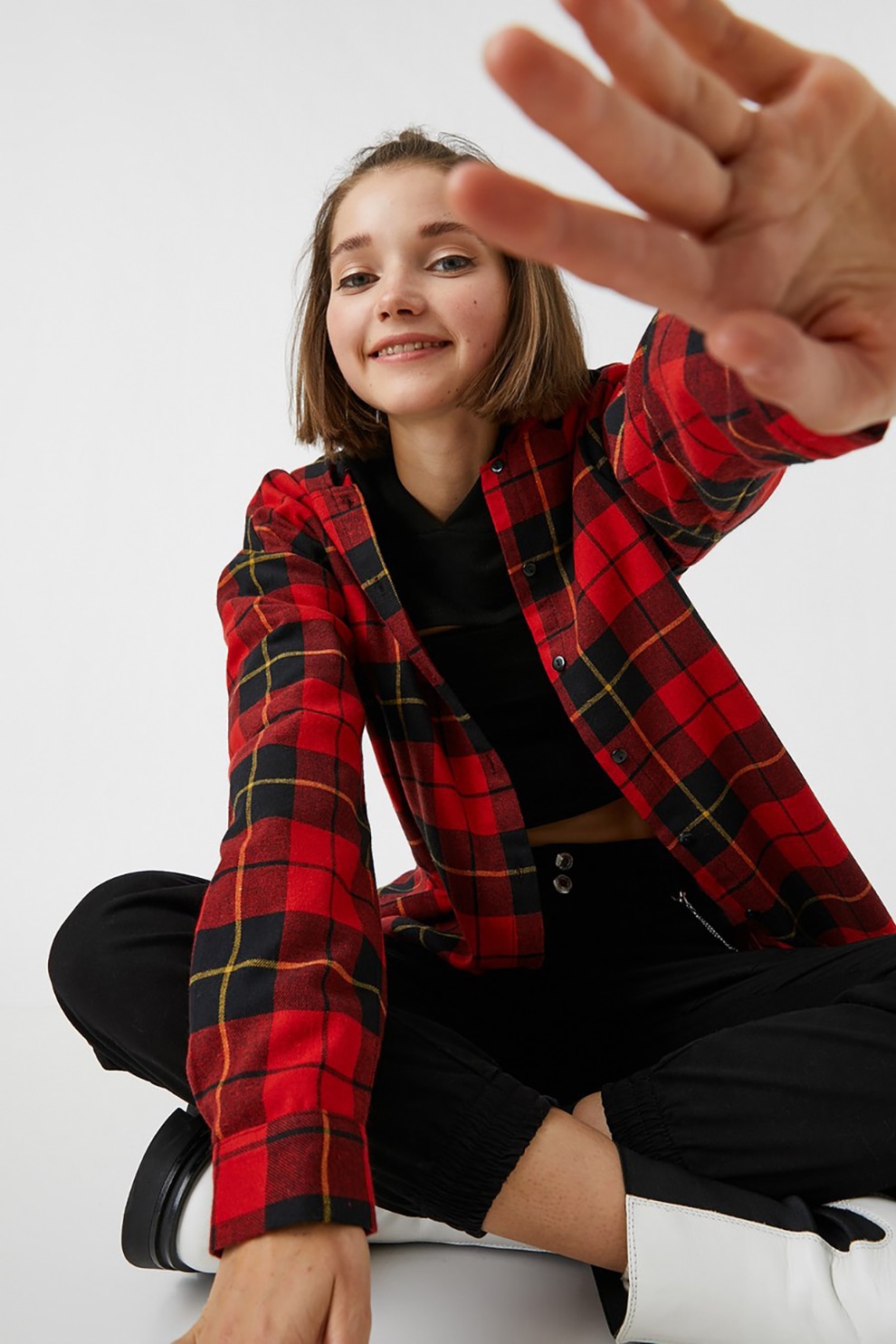 KOTON, Camasa cu model in carouri si gluga, Rosu/Negru