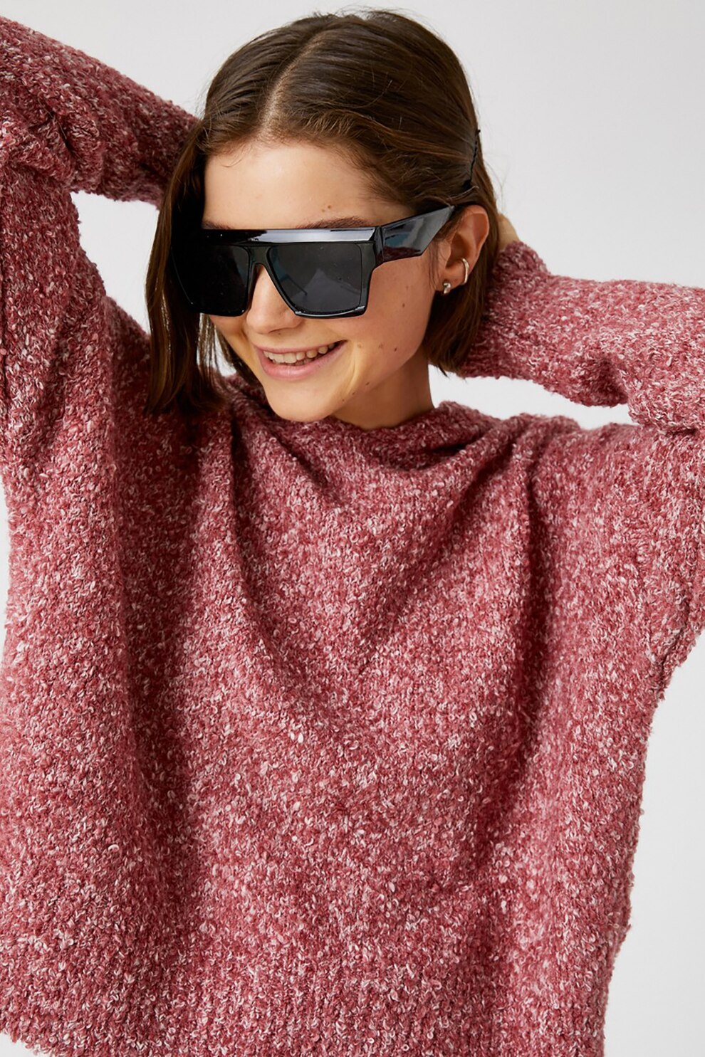 KOTON, Pulover tip hanorac cu maneci cazute, Rosu melange