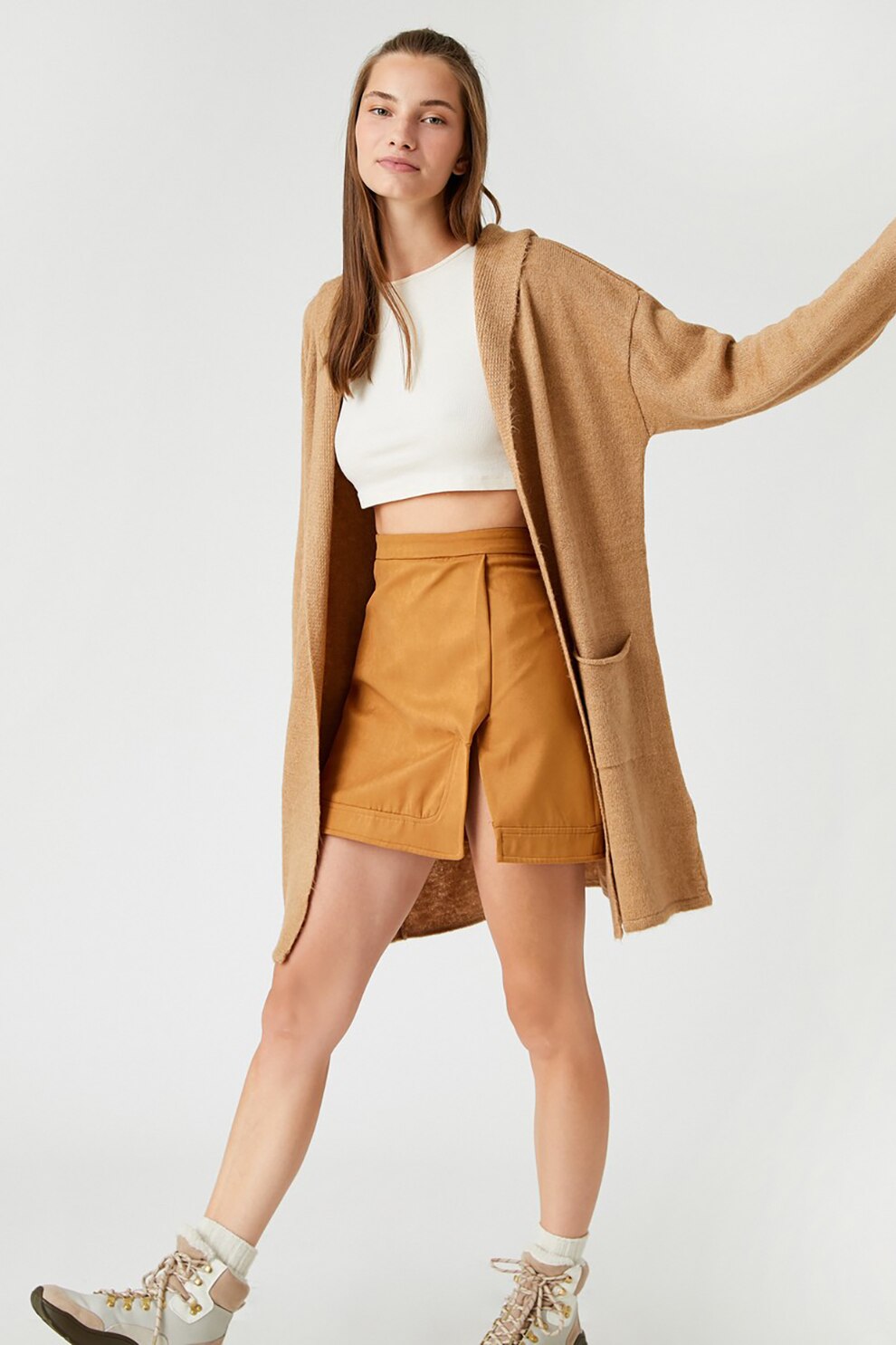 KOTON, Cardigan lung cu gluga, Maro camel