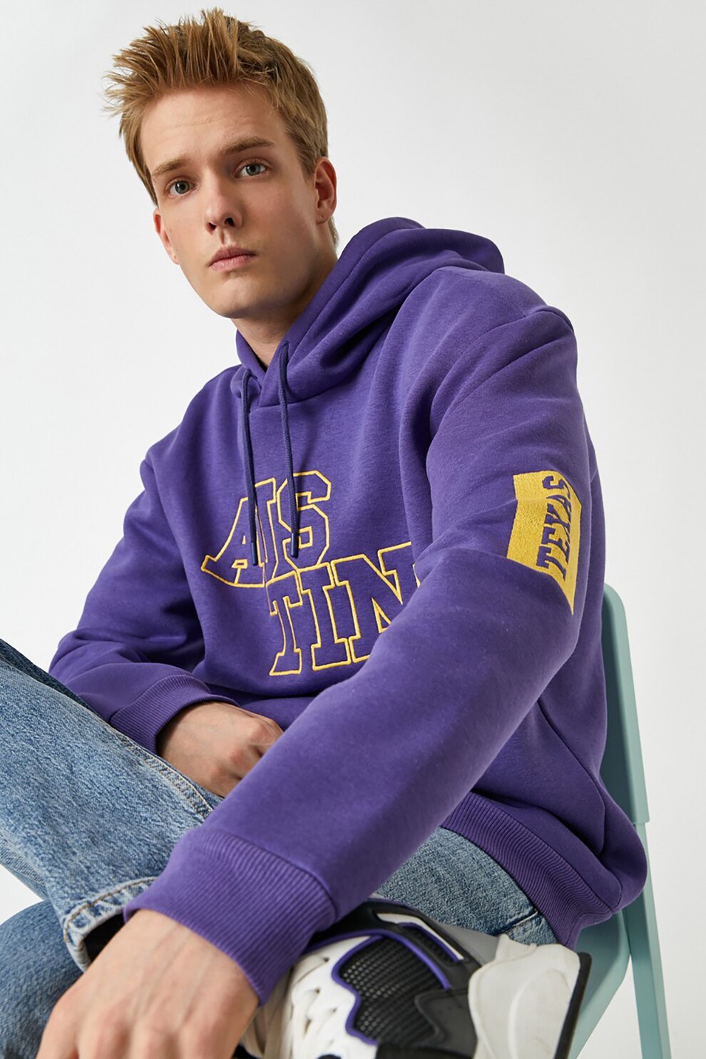 KOTON, Hanorac regular fit cu broderie text 2KAM71078MK, Violet/galben sofran