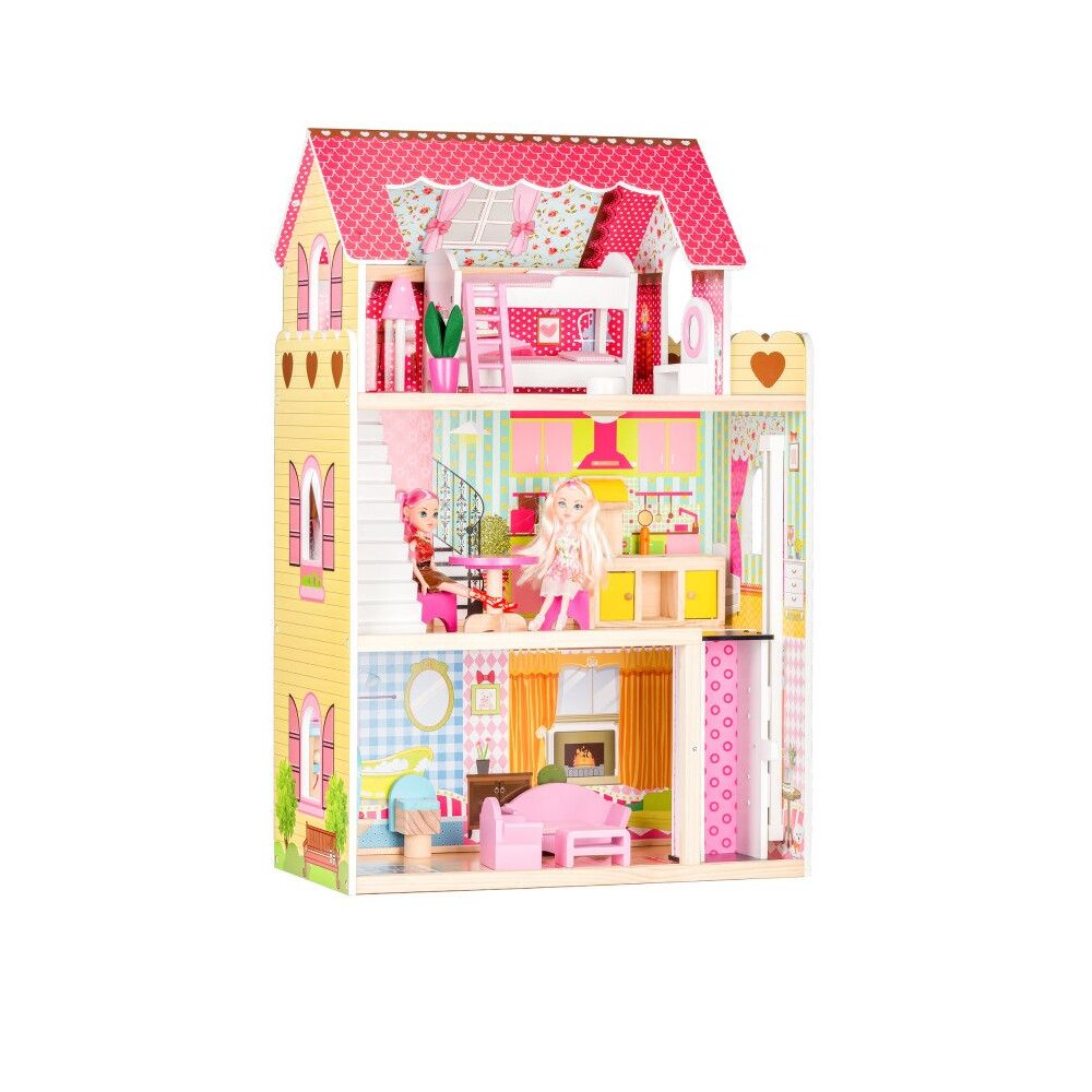 Casuta de Papusi din Lemn pentru Copii, Bigshot BS4120PNK, 3 Niveluri, 4 Incaperi, Baie, Bucatarie, Lift, Terasa, Mobilier, 2 Papusi, Roz
