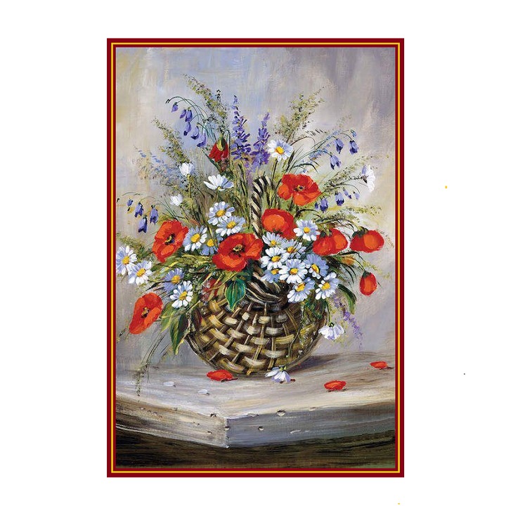 Комплект за рисуване по номера, Картина с дървена рамка, Кошница с полски цветя, 40 х 50 см