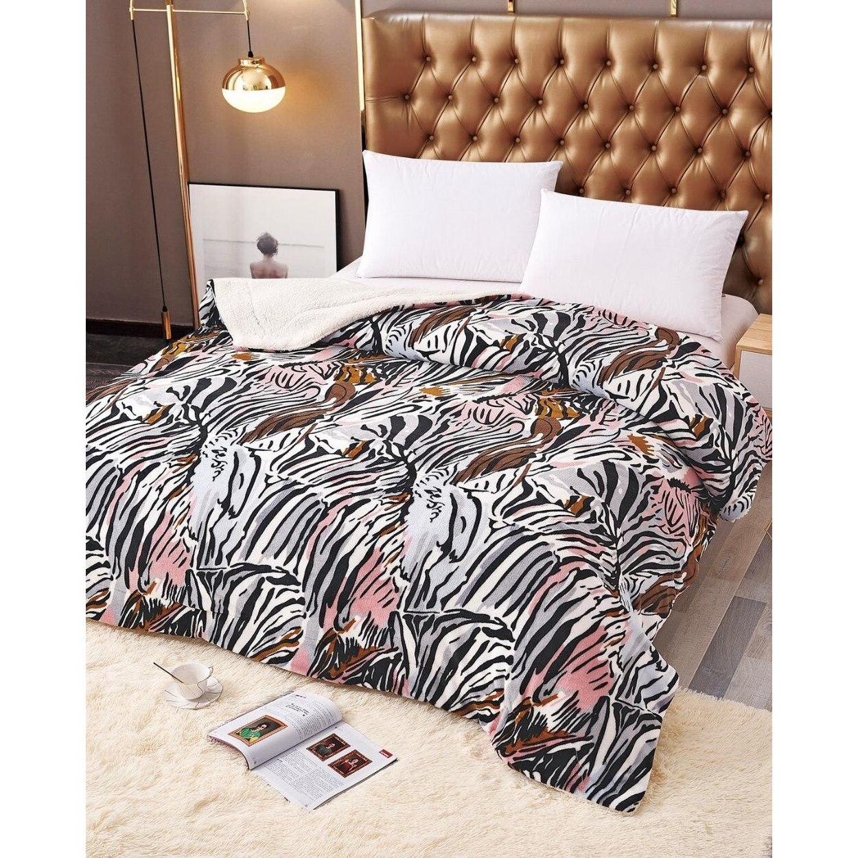 Patura Cocolino Dubla cu Blanita, Microfibra Plusata, Dungi Negre, PDBJ-45