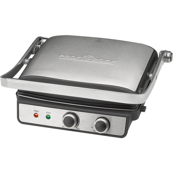 Contact grill electric ProfiCook, PC-KG 1029, gatire rapida, termostat, carcasa otel inoxidabil, putere 2000 W, suprafata de gatire 230 x 290 mm, argintiu