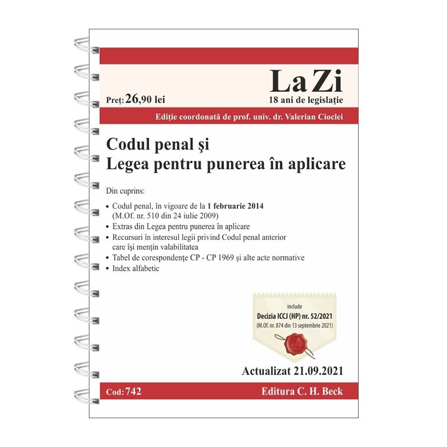 Codul penal si Legea pentru punerea in aplicare. Cod 742. Actualizat la 21.09.2021