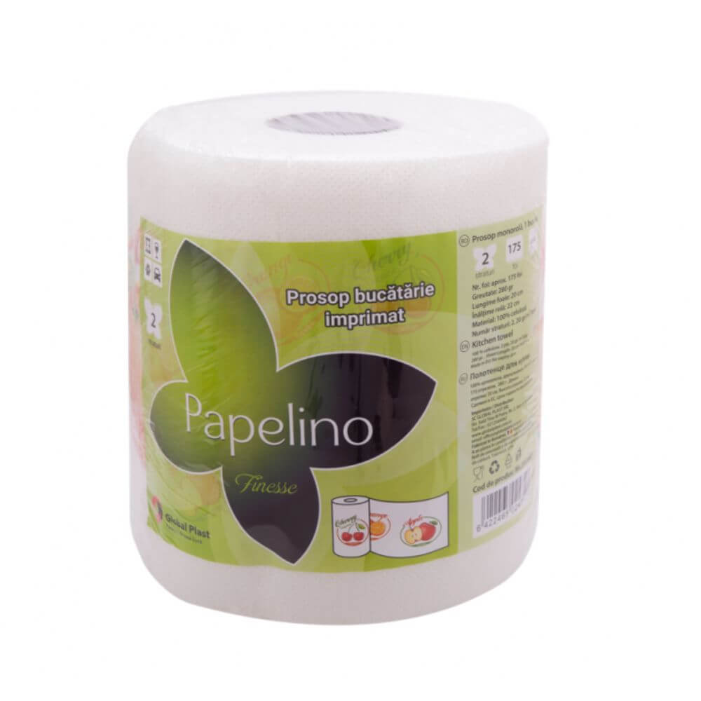 Rola Prosoape de Bucatarie Papelino Finesse, 2 Straturi, 175 Foi, 20x22 cm, 280 g, 100% Celuloza, Albe, Imprimate