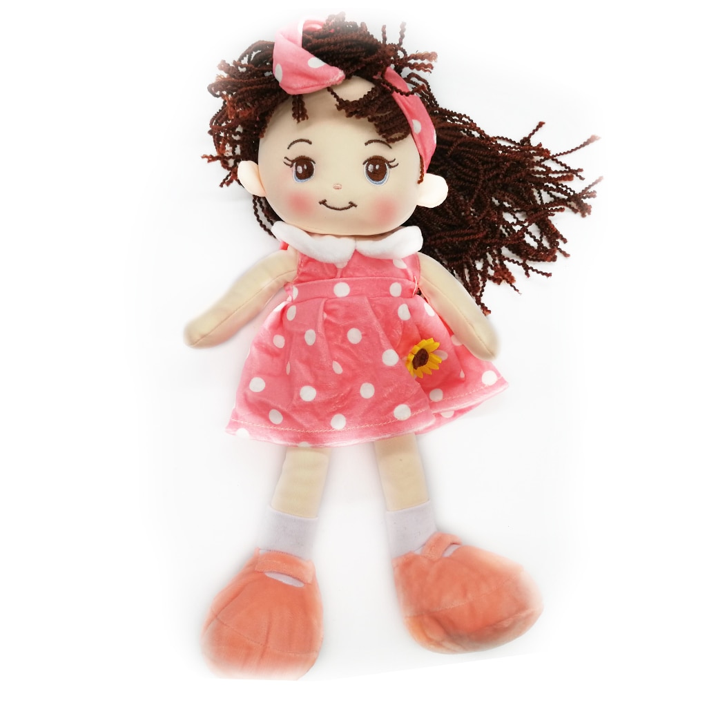 Papusa de plus ADA, 40cm, in rochita Roz cu Floarea Soarelui si bentita pe cap, care canta in Limba Romana melodia 