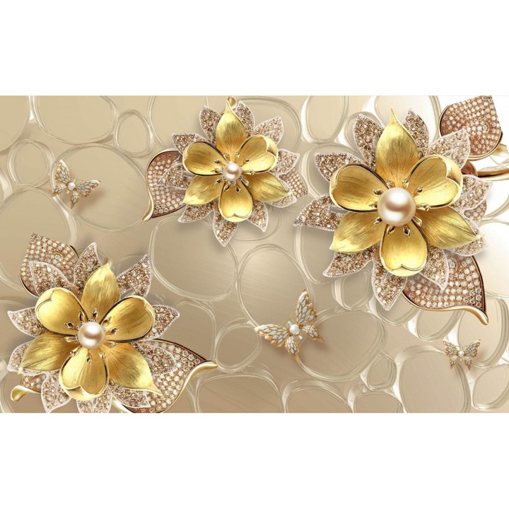 Fototapet 3D, Flori aurii pe un fundal bej cu fluturasi, 350 cm x 300 cm