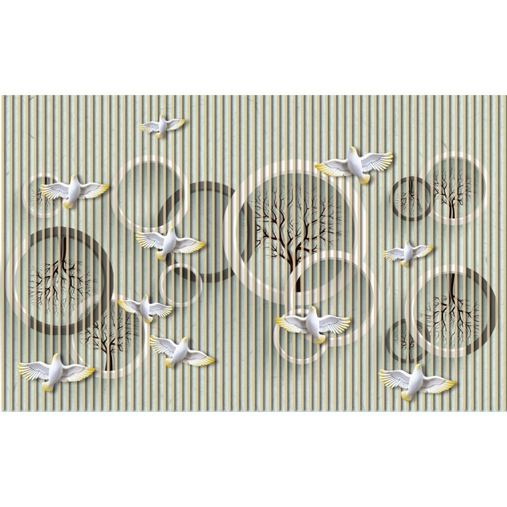 Fototapet, Cercuri 3D albe si porumbei gingasi pe un fundal dungat, 200 cm x 100 cm