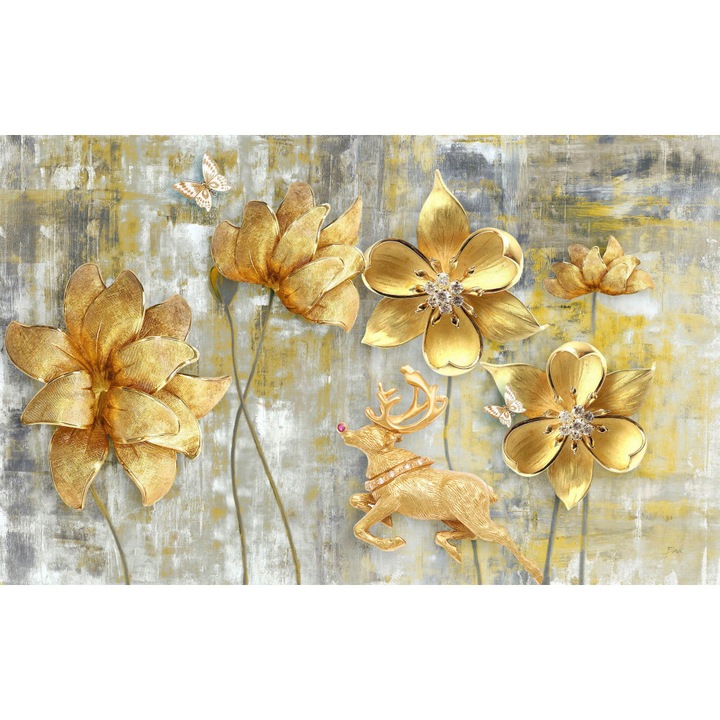 Fototapet, Flori aurii pe un fundal gri cu un cerb de aur, 450 cm x 250 cm