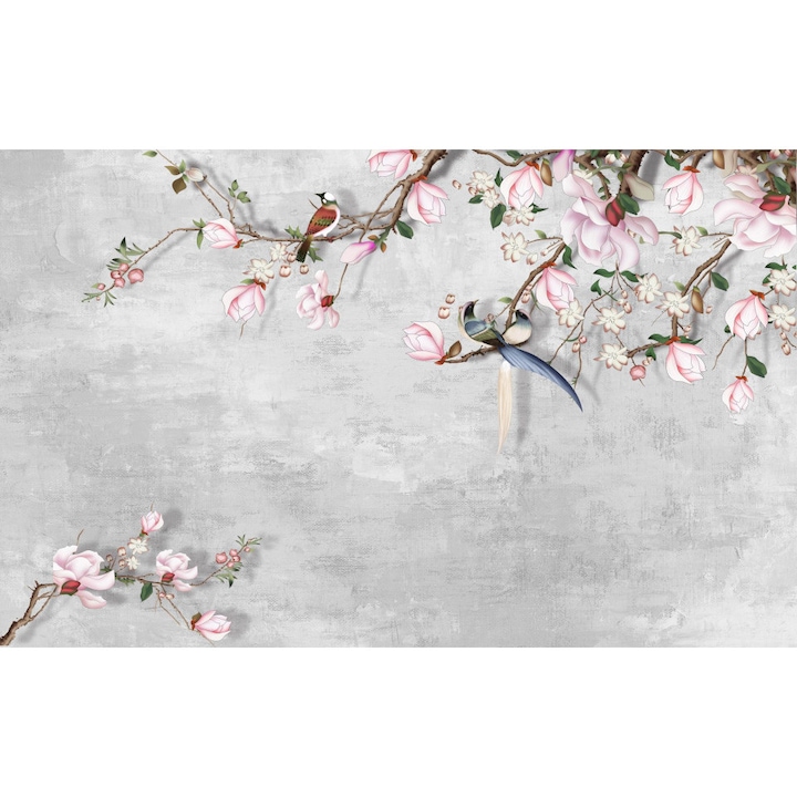 Fototapet, Crenguta cu flori roz de magnolie si pasari pe un fundal cenusiu, 300 cm x 100 cm