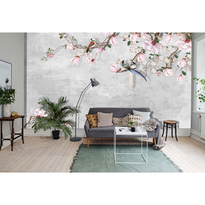 Fototapet, Crenguta cu flori roz de magnolie si pasari pe un fundal cenusiu, 300 cm x 100 cm