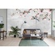 Fototapet, Crenguta cu flori roz de magnolie si pasari pe un fundal cenusiu, 300 cm x 100 cm