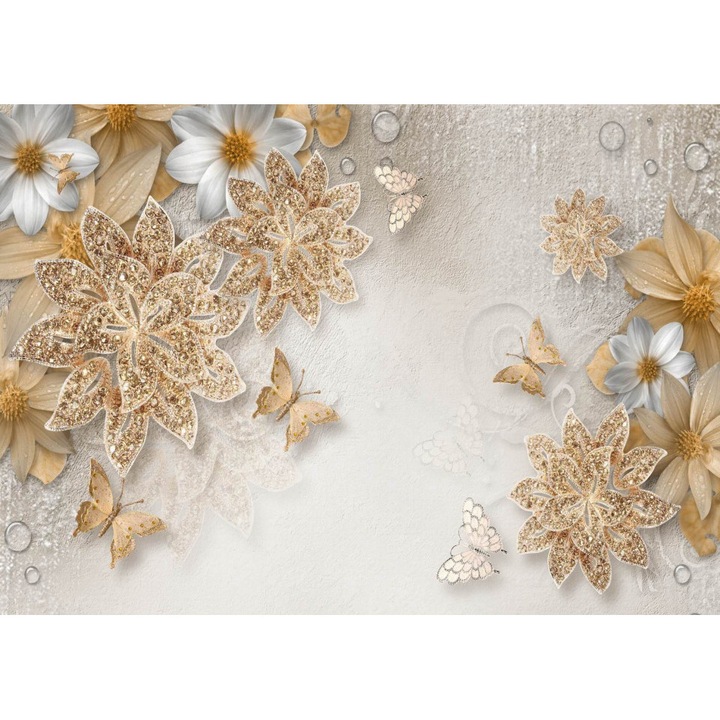 Fototapet, Flori albe si aurii pe un fundal alb, 450 cm x 250 cm