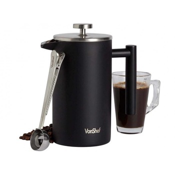 Cafetiera cu presa franceza VonShef 9000105, capacitate 8 cesti, din otel inoxidabil, cu lingura de masurare 2-in-1, culoare negru Cafetiera cu presa franceza VonShef 9000105, capacitate 8 cesti, din otel inoxidabil, cu lingura de masurare 2-in-1, culoare negru