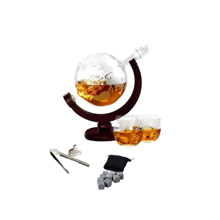 Az Earth Plus dekanter készlet, földgömb kialakítás, 2 pohár modern nyomattal, tartozékokkal, 9 gránitkocka, 850 ml, Doty