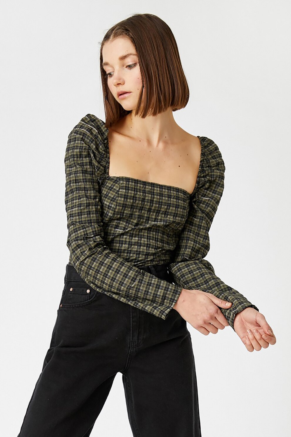 KOTON, Bluza in carouri cu maneci bufante, Verde militar/Negru