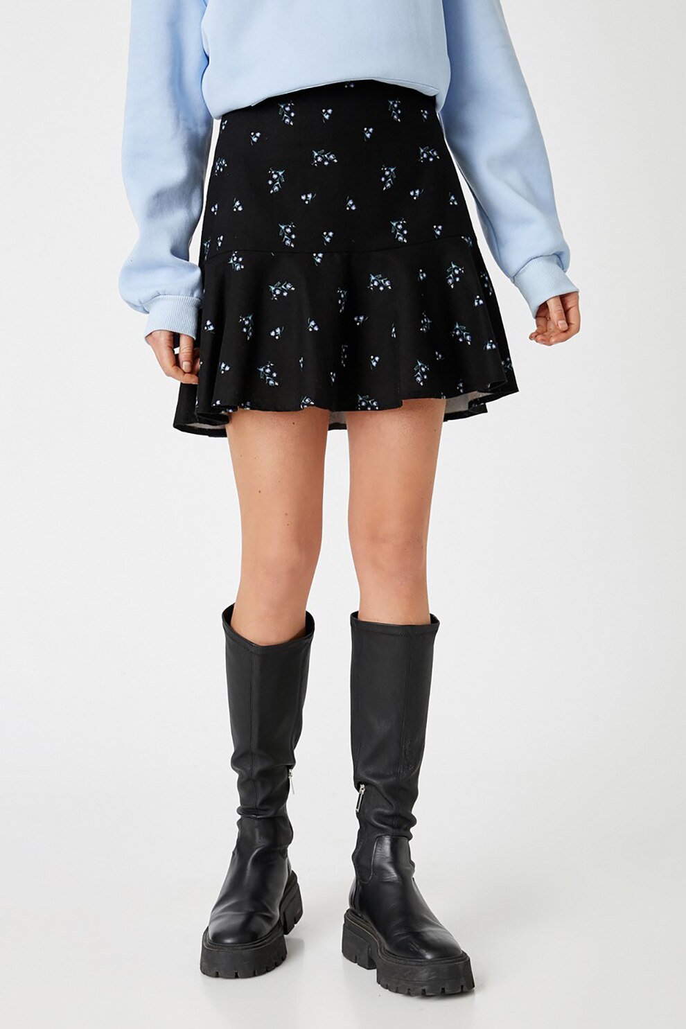 KOTON, Fusta mini cu talie inalta, Negru/Bleu, L