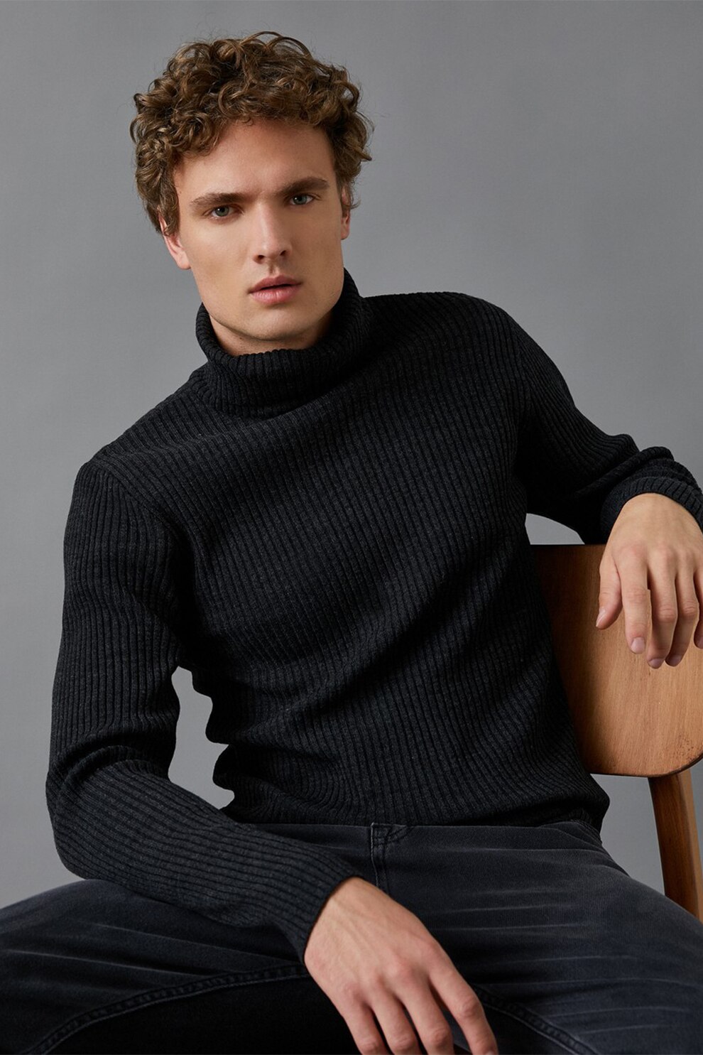 KOTON, Pulover cu striatii si guler inalt, Gri antracit