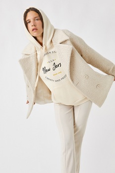 KOTON, Haina de blana shearling sintetica cu revere decupate, Bej, L KOTON, Haina de blana shearling sintetica cu revere decupate, Bej, L