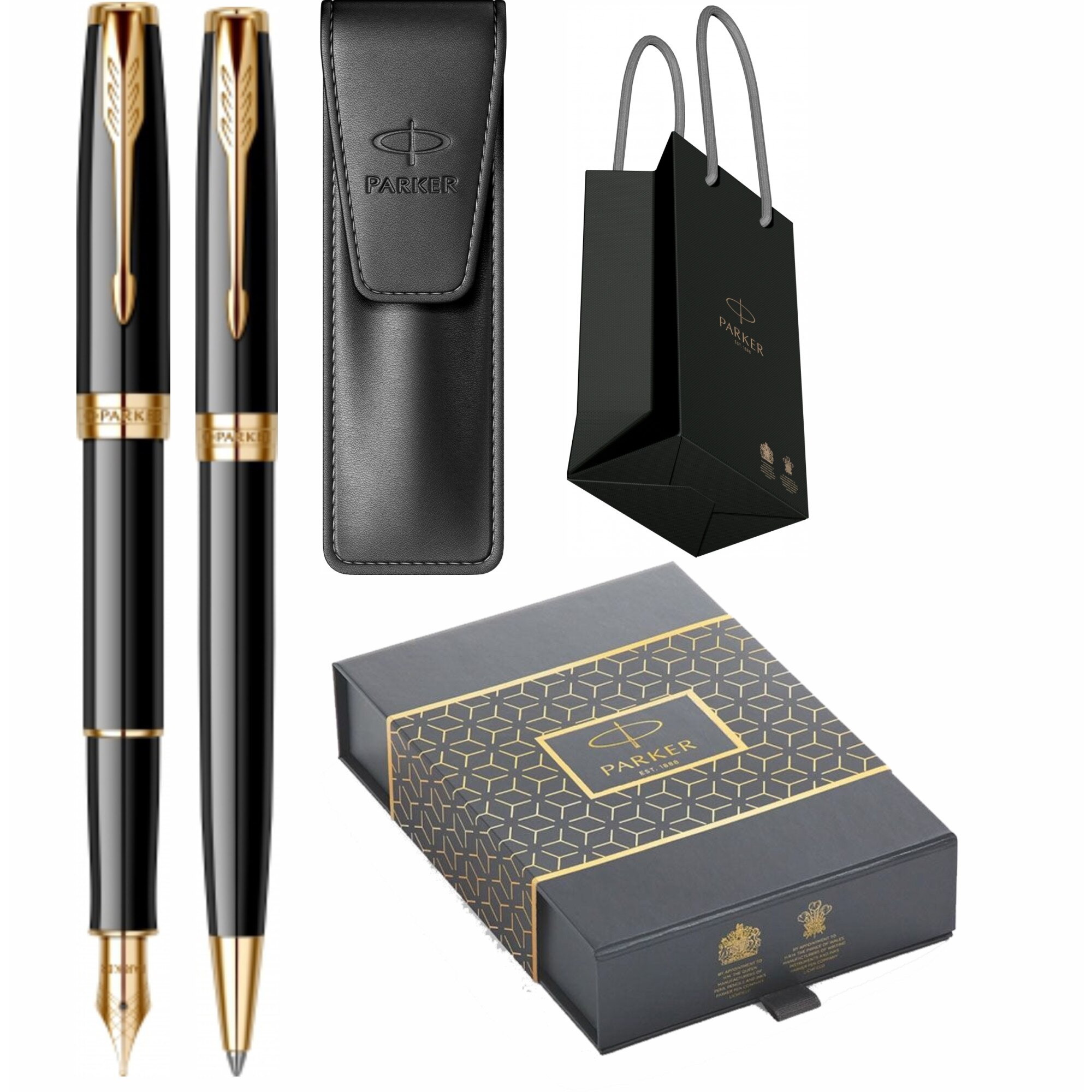 Set Parker Stilou Pix Sonnet Royal Black GT Personalizat prin Gravura Laser in cutie duo, etui Leather Black si punga