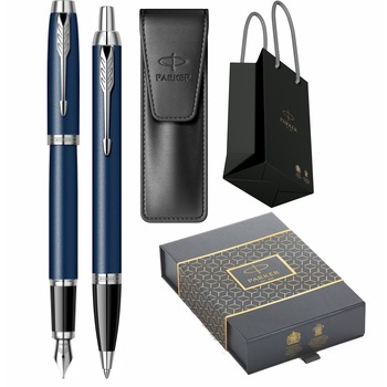 Set Parker Stilou Pix IM Royal Matte Blue CT Personalizat prin Gravura Laser in cutie duo, etui Leather Black si punga Set Parker Stilou Pix IM Royal Matte Blue CT Personalizat prin Gravura Laser in cutie duo, etui Leather Black si punga